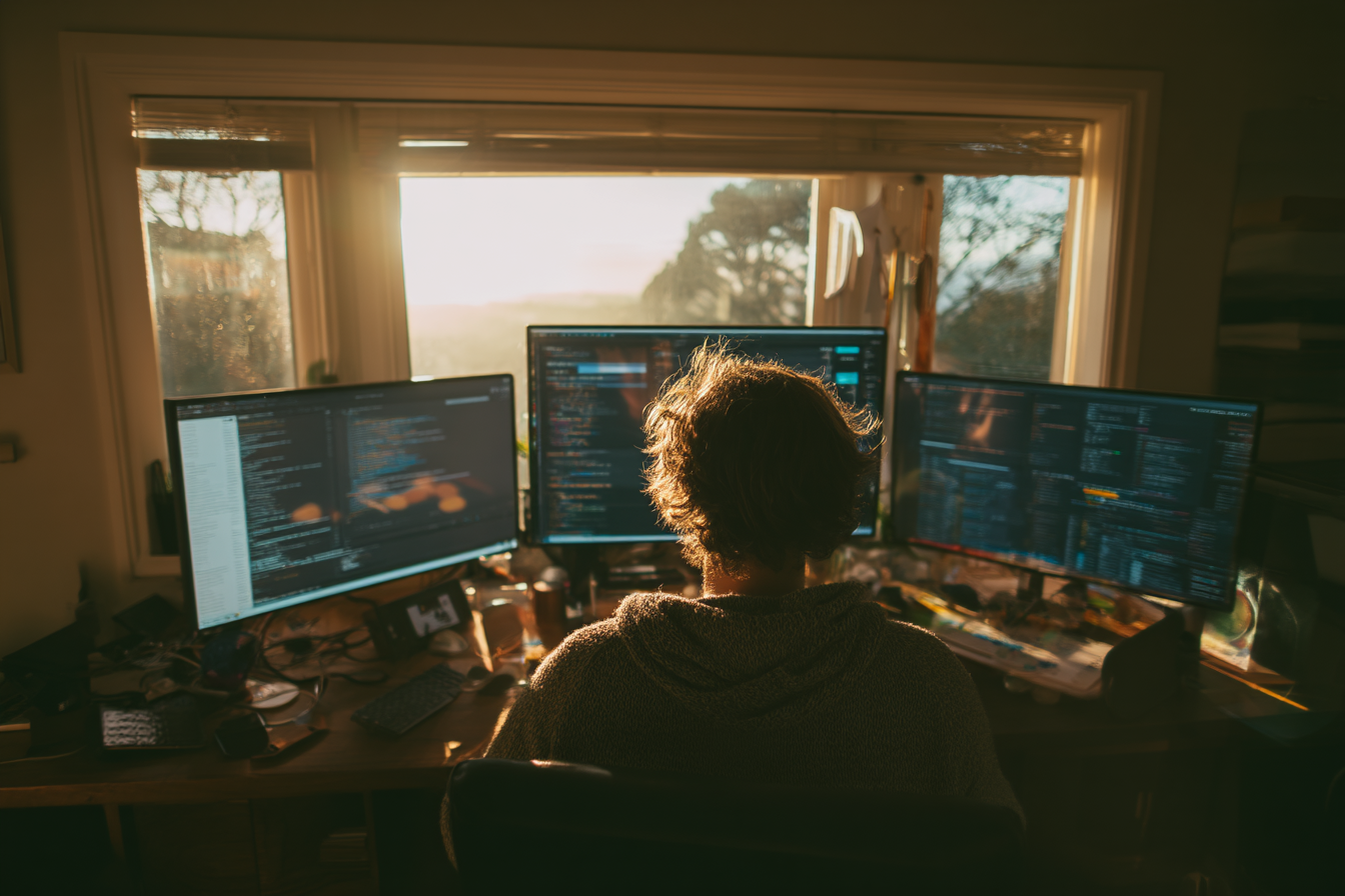 Desarrollador frente a varios monitores programando