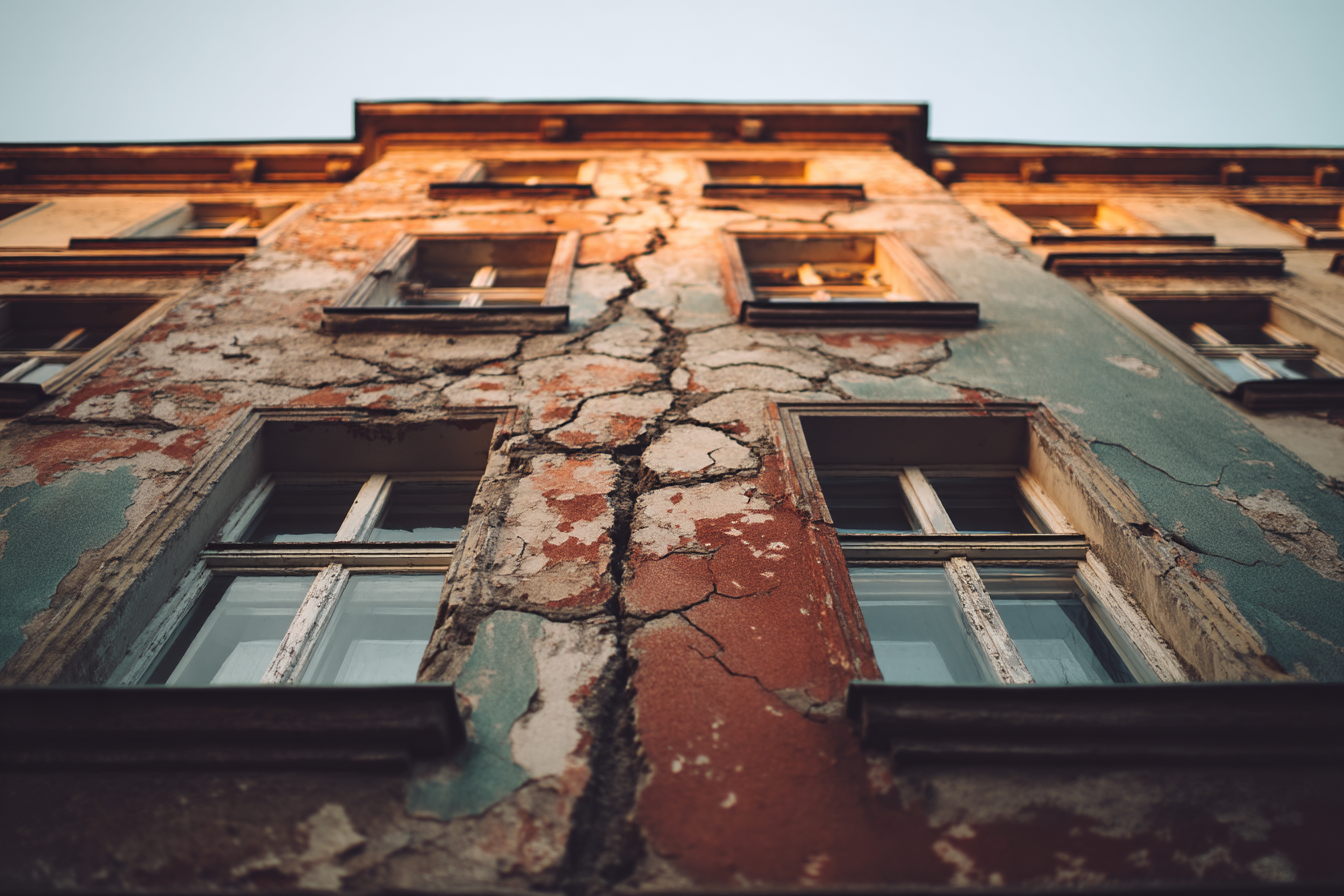 Fachada de un edificio antiguo con grietas visibles
